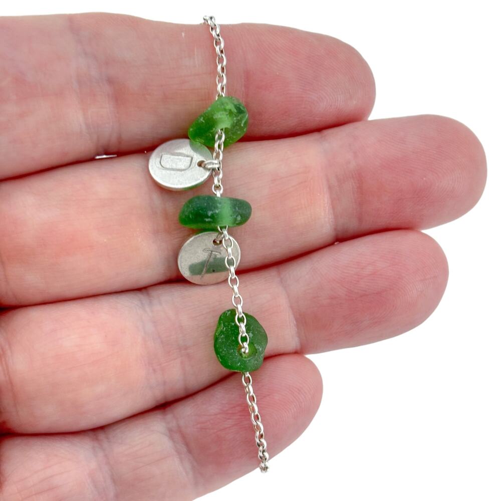 Vintage Sterling Silver 925 Sea Glass Initial DT or TD Bracelet 7"